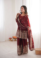 Teeya Creation Maroon Color Fendy Satin Silk Embroidery Work Party Wear Salwar Suit - Distacart
