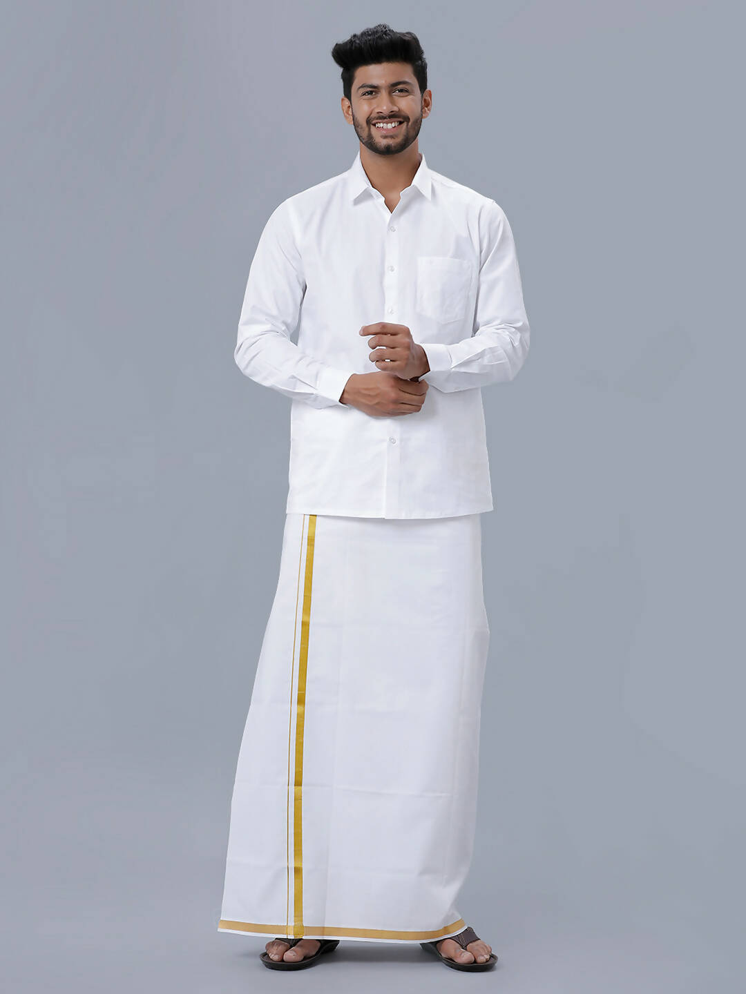 Ramraj Cotton Mens Poly Cotton 3/4 " Gold Jari Dhoti - White