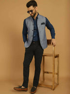 Even Apparels Nehru Jacket With Welt Pockets - Blue