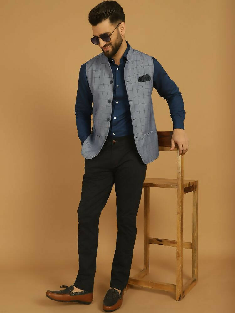 Even Apparels Nehru Jacket With Welt Pockets - Blue