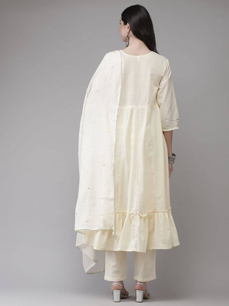 Yufta Women Cream-Embroidered Pure Cotton A-line Kurta with Trouser and Dupatta