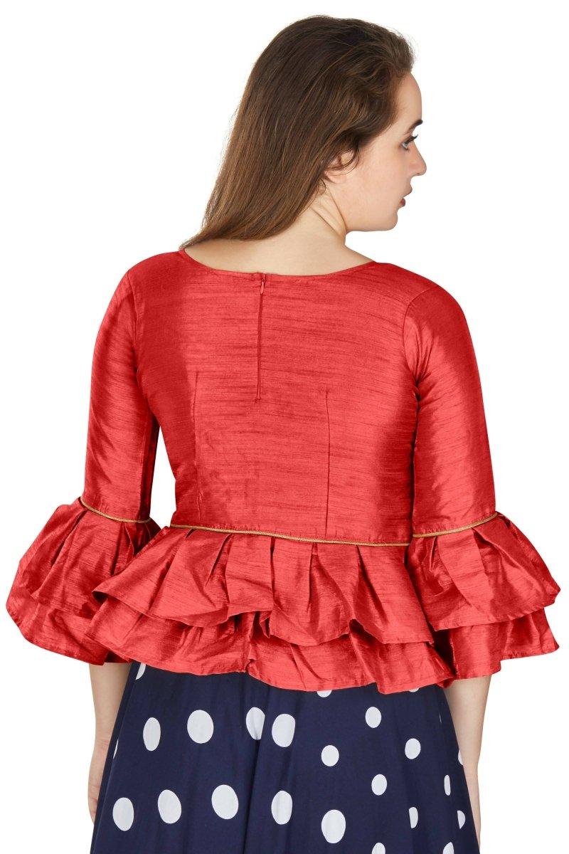 Aastha Fashion Women's Red Art Silk Bell Sleeves attire with Poly Cotton Lining Blouse