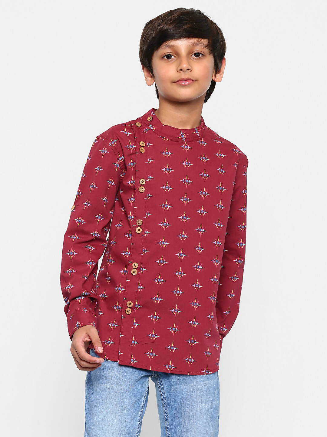 Manet Ethnic Full Sleeves Printed Shirt - Maroon