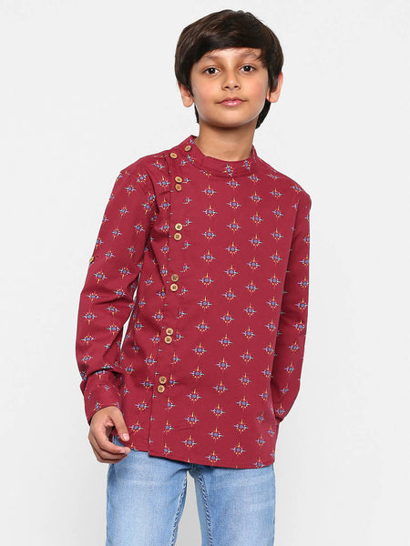 Manet Ethnic Full Sleeves Printed Shirt - Maroon