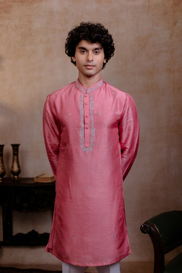 Falling Raw Silk Pink Prism Motif Kurta Set By Hilo Design