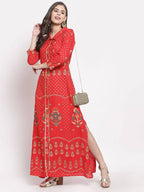 Myshka Women's Red Cotton Printed 3/4 Sleeve Collar Neck Casual Anarkali Kurta