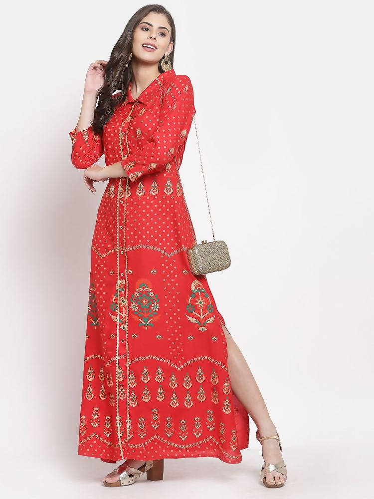 Myshka Women's Red Cotton Printed 3/4 Sleeve Collar Neck Casual Anarkali Kurta