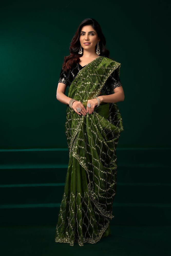 Joban Fashion Green Net Party Wear Sarees - Distacart