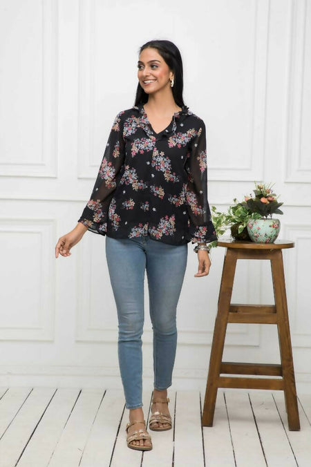 Myshka Women Black Floral V-Neck Regular Sleeves Synthetic Georgette Top