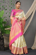 Jyoti Fashion Women's Off White Kanjivaram Silk Zari Woven Saree with Blouse