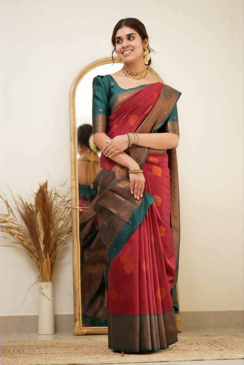 DEIANA'S Beautiful Designer Golden zari Soft Lichi Silk Saree - Maroon