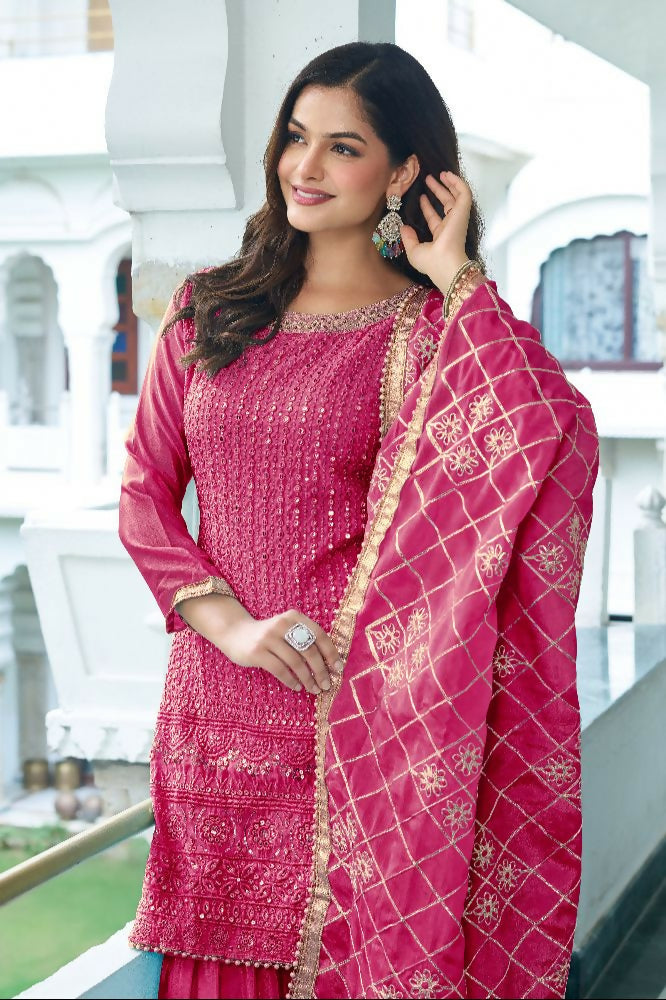 Teeya Creation Pink Colour Chinnon Silk Heavy Embroidery Work Fully Stitched Salwar Suit - Distacart