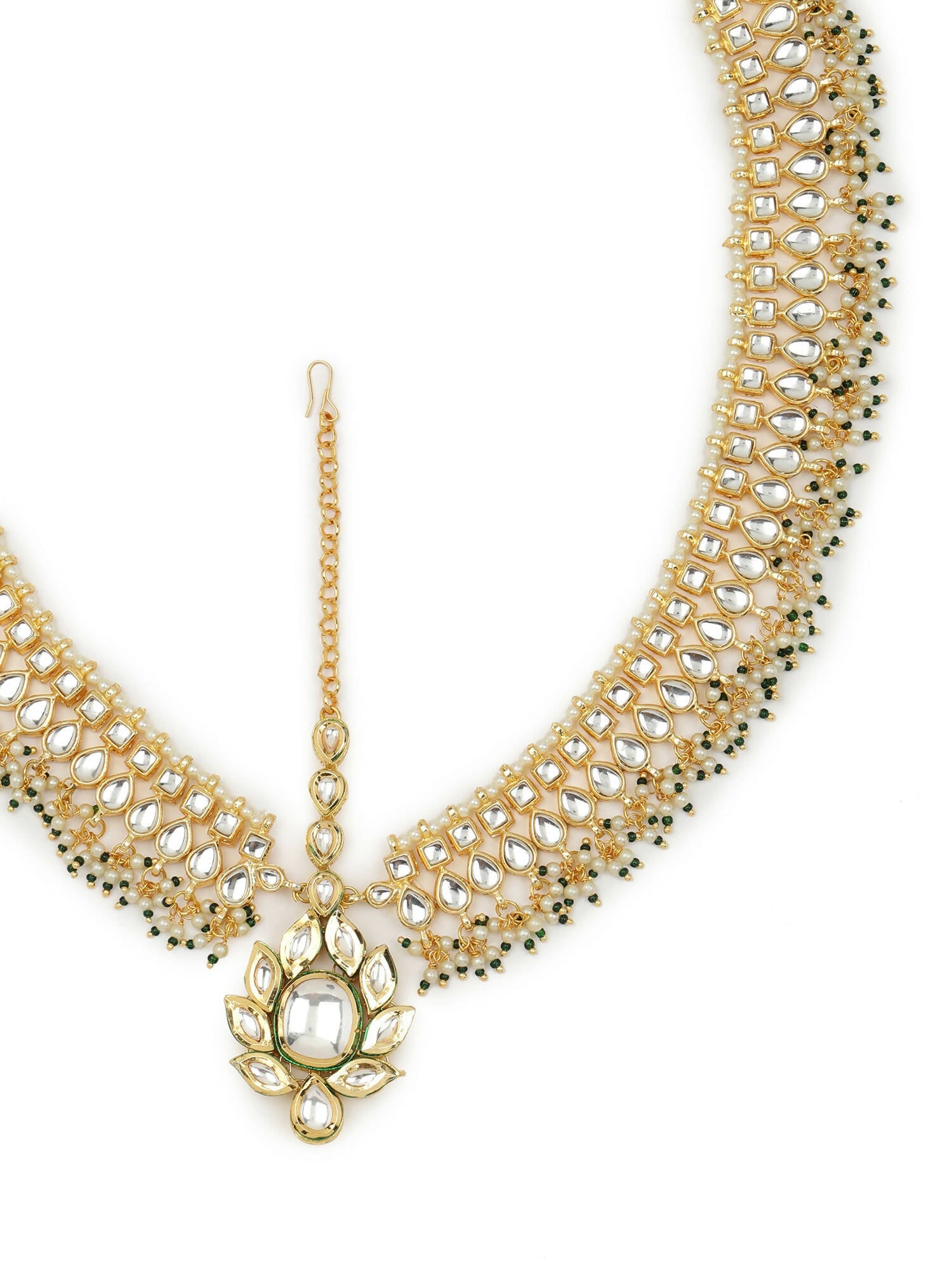Gold-Plated Green White Kundan-Studded Beaded Matha Patti - Ruby Raang - Distacart