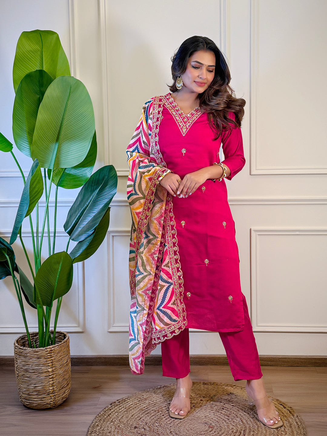 The52 Women's Gorgeous Viscose Embroidery Straight Kurta with Pant And Dupatta Set - Distacart