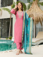 The52 Women Gorgeous Embroidery Work with Viscose Silk Fabric Straight Kurta, Pant and Dupatta Set - Distacart