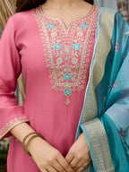 The52 Women Gorgeous Embroidery Work with Viscose Silk Fabric Straight Kurta, Pant and Dupatta Set - Distacart