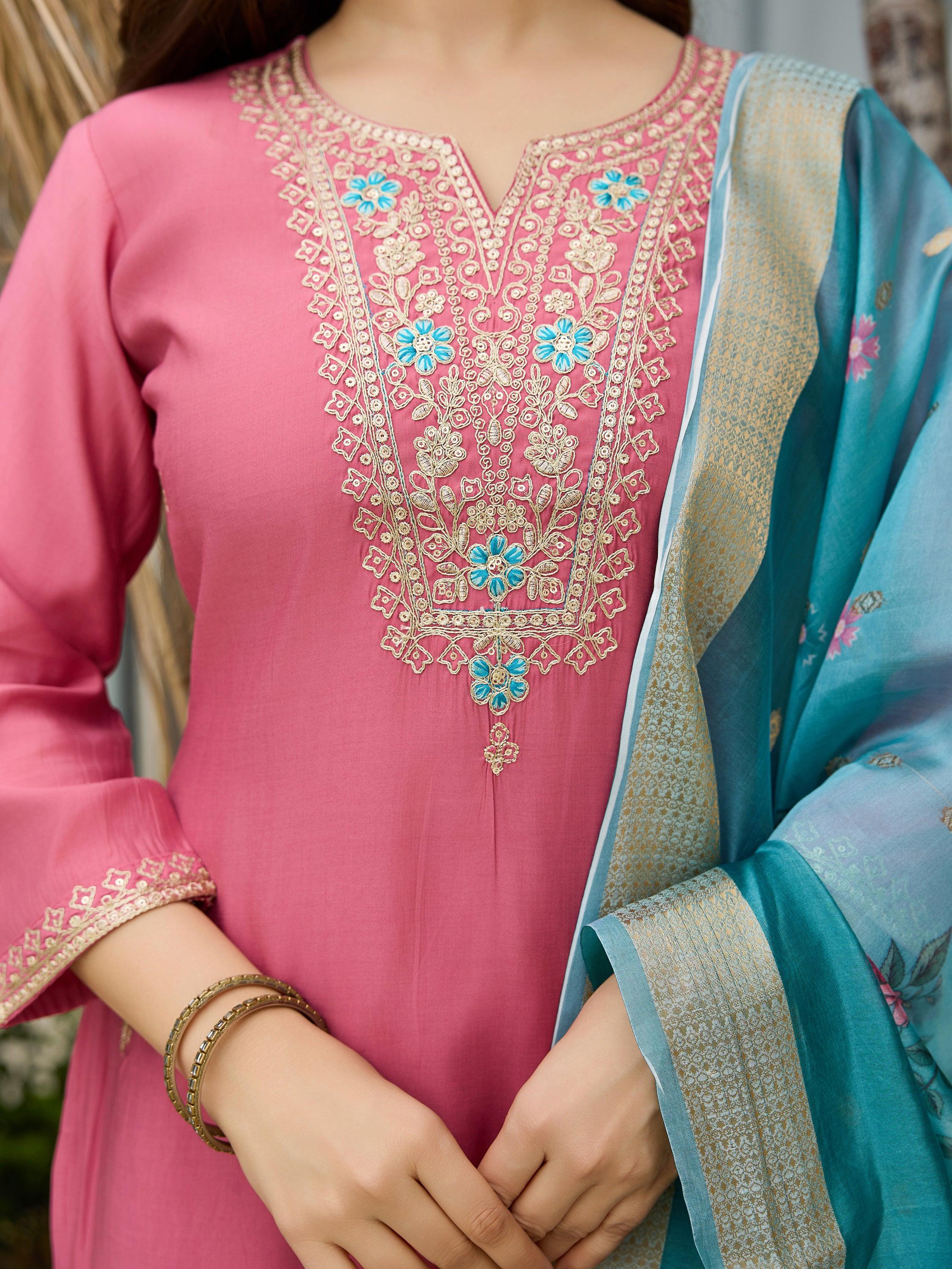 The52 Women Gorgeous Embroidery Work with Viscose Silk Fabric Straight Kurta, Pant and Dupatta Set - Distacart