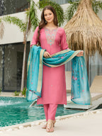 The52 Women Gorgeous Embroidery Work with Viscose Silk Fabric Straight Kurta, Pant and Dupatta Set - Distacart