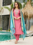 The52 Women Gorgeous Embroidery Work with Viscose Silk Fabric Straight Kurta, Pant and Dupatta Set - Distacart