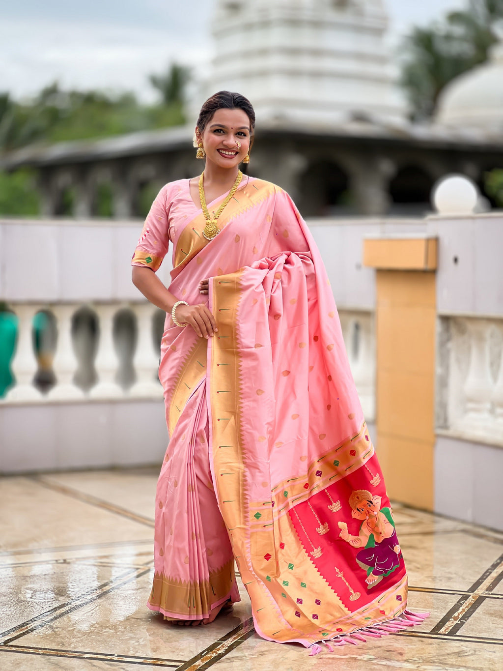 Vedant Vastram Soft Litchi Silk Paithani Jacquard Saree - Baby Pink