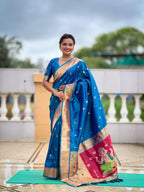 Vedant Vastram Soft Litchi Silk Paithani Jacquard Saree - Firozi