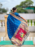 Vedant Vastram Soft Litchi Silk Paithani Jacquard Saree - Firozi
