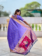 Vedant Vastram Soft Litchi Silk Paithani Jacquard Saree - Lavender
