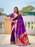 Vedant Vastram Soft Litchi Silk Paithani Jacquard Saree - Purple