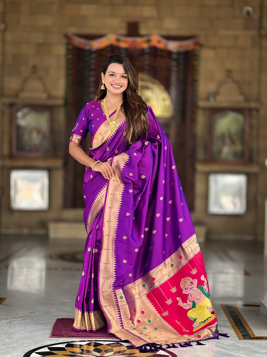 Vedant Vastram Soft Litchi Silk Paithani Jacquard Saree - Purple