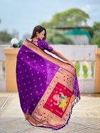 Vedant Vastram Soft Litchi Silk Paithani Jacquard Saree - Purple