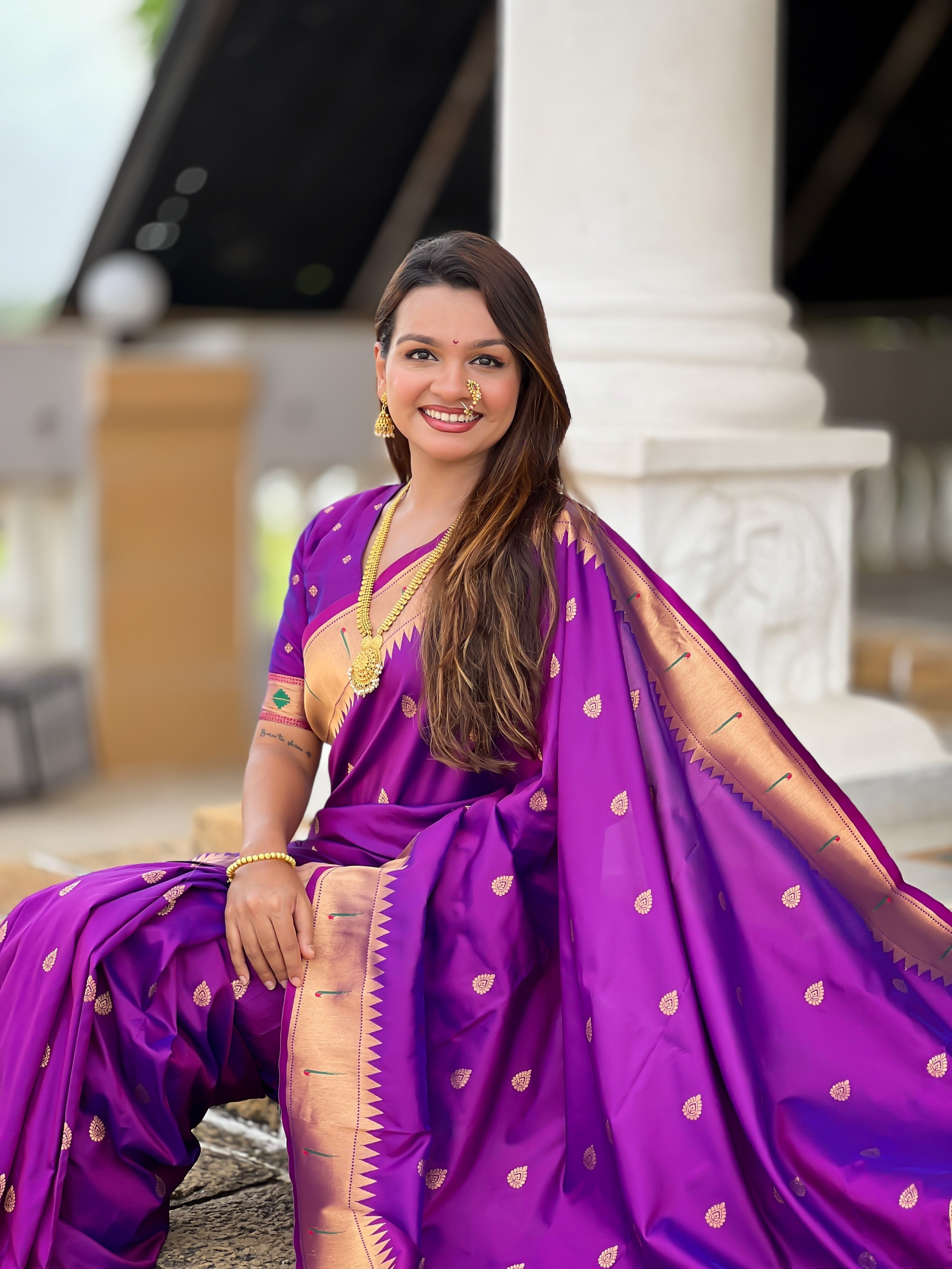 Vedant Vastram Soft Litchi Silk Paithani Jacquard Saree - Purple