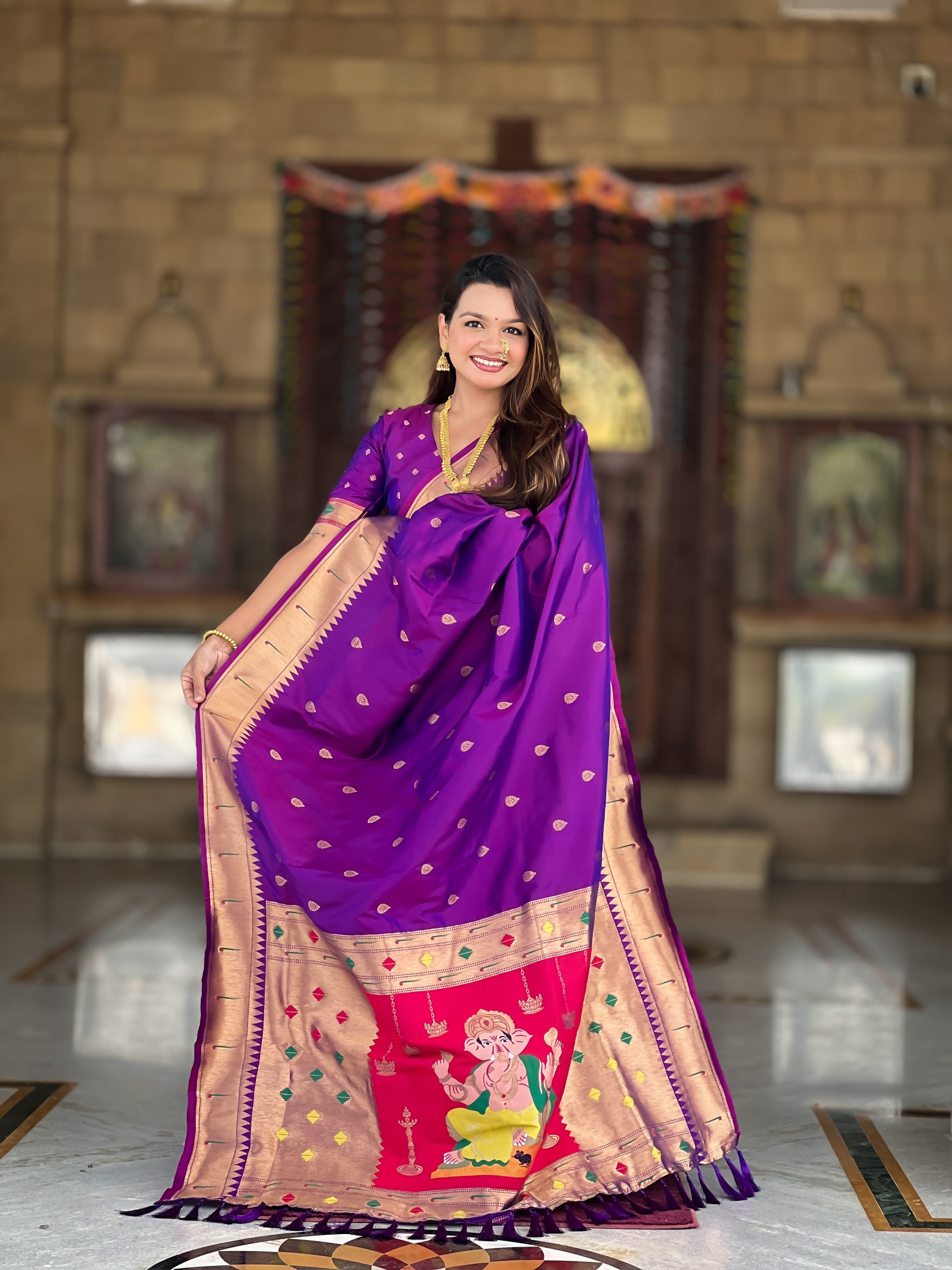 Vedant Vastram Soft Litchi Silk Paithani Jacquard Saree - Purple