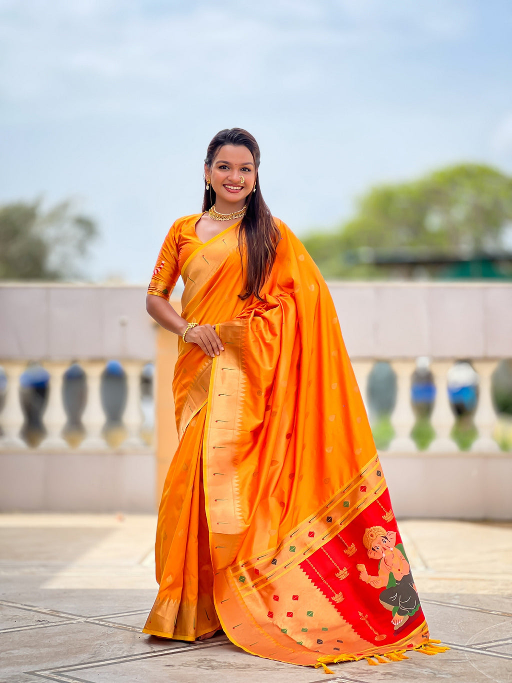 Vedant Vastram Soft Litchi Silk Paithani Jacquard Saree - Mustard