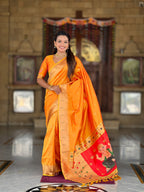 Vedant Vastram Soft Litchi Silk Paithani Jacquard Saree - Mustard