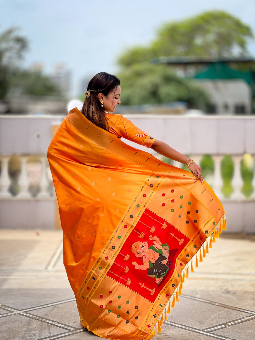 Vedant Vastram Soft Litchi Silk Paithani Jacquard Saree - Mustard
