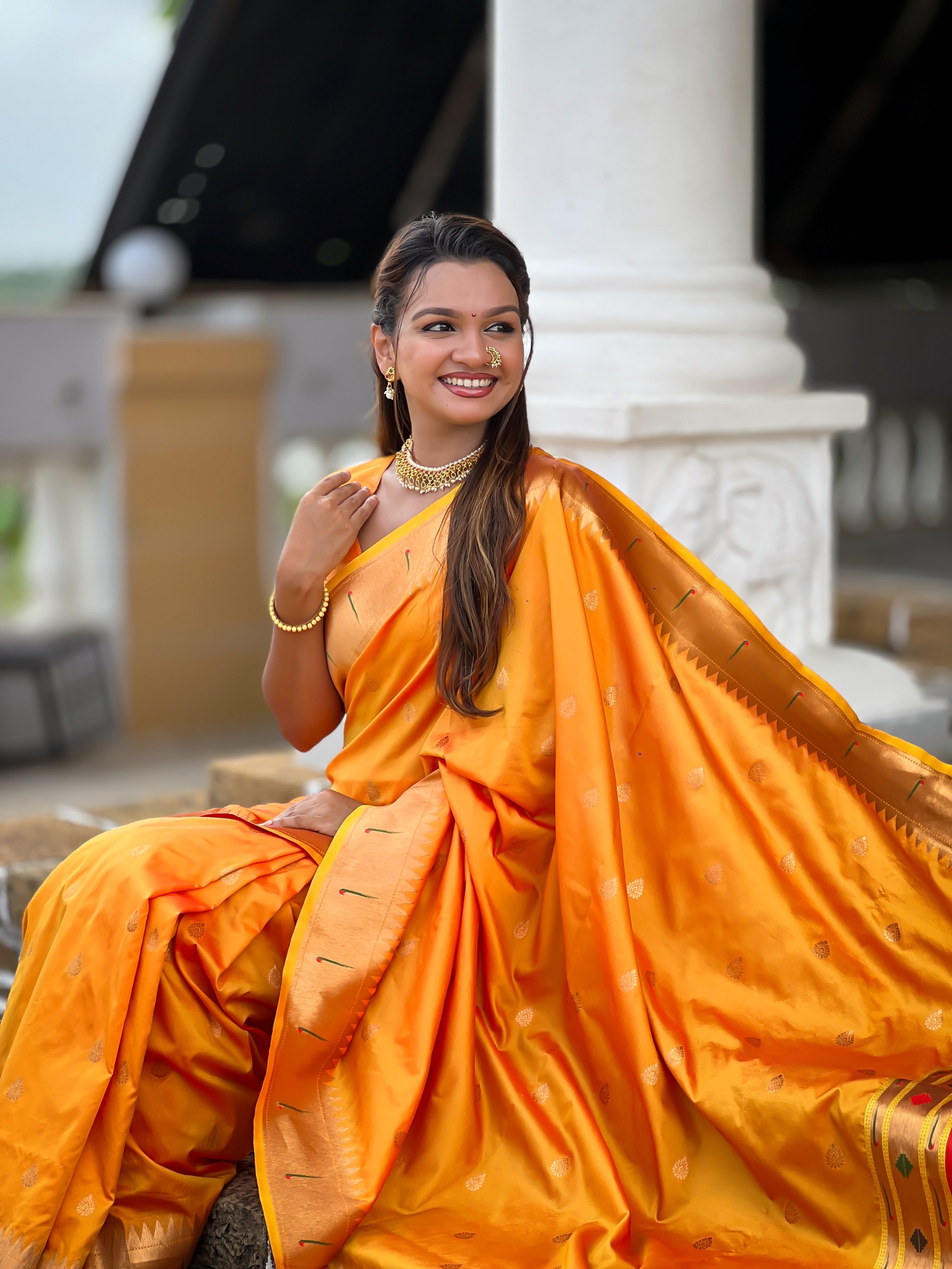 Vedant Vastram Soft Litchi Silk Paithani Jacquard Saree - Mustard