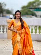 Vedant Vastram Soft Litchi Silk Paithani Jacquard Saree - Mustard