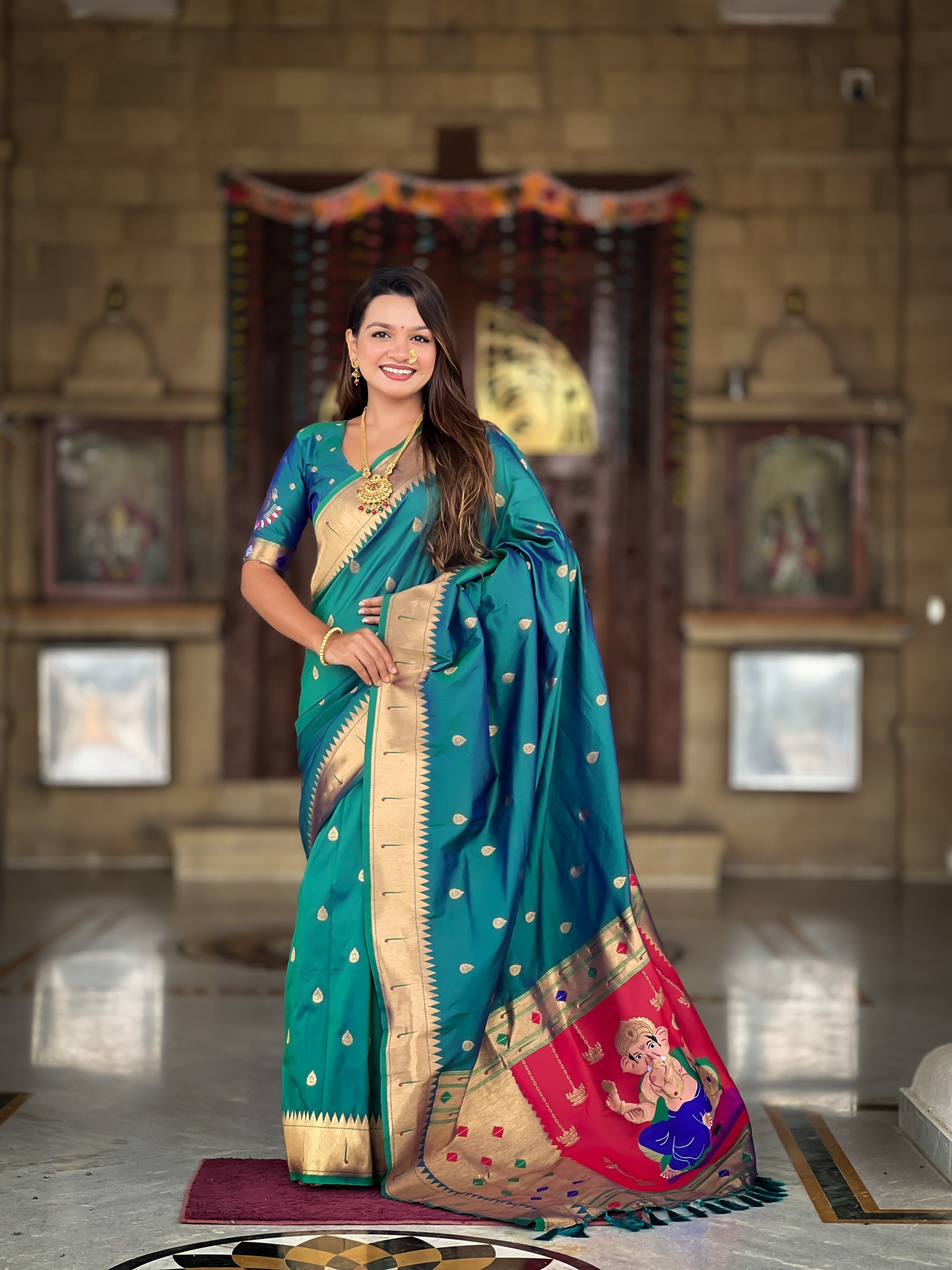 Vedant Vastram Soft Litchi Silk Paithani Jacquard Saree - Rama