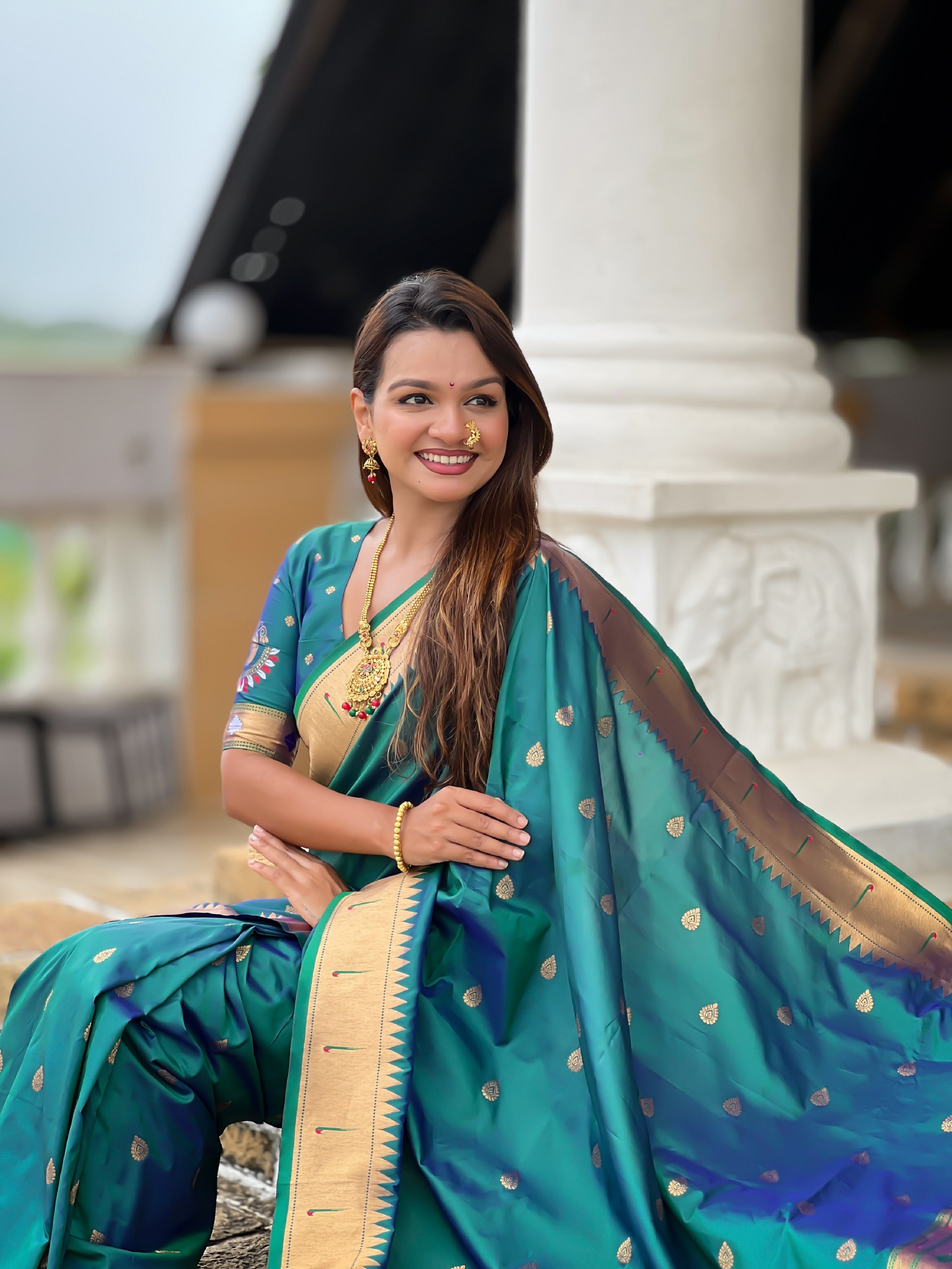 Vedant Vastram Soft Litchi Silk Paithani Jacquard Saree - Rama