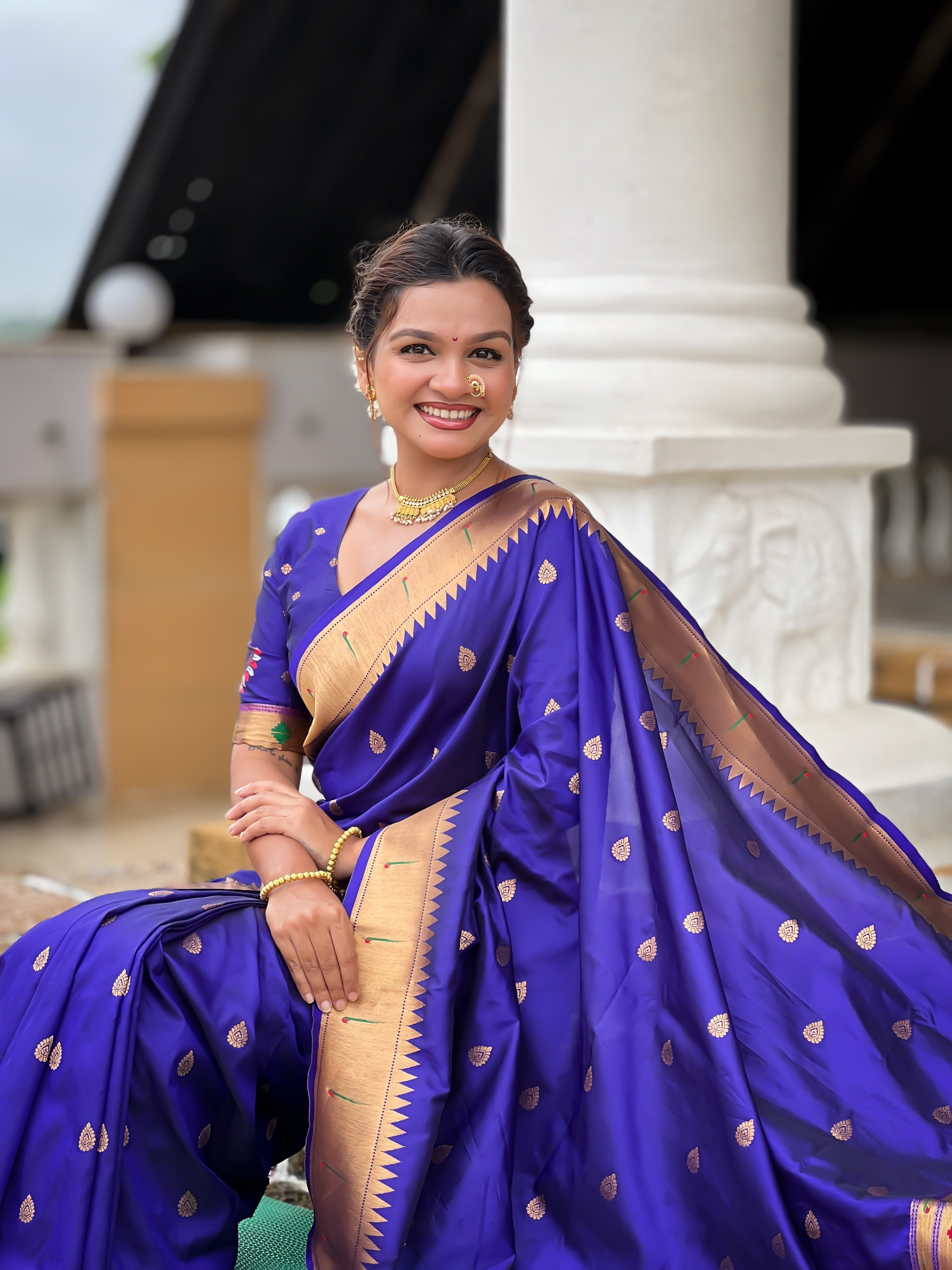 Vedant Vastram Soft Litchi Silk Paithani Jacquard Saree - Blue