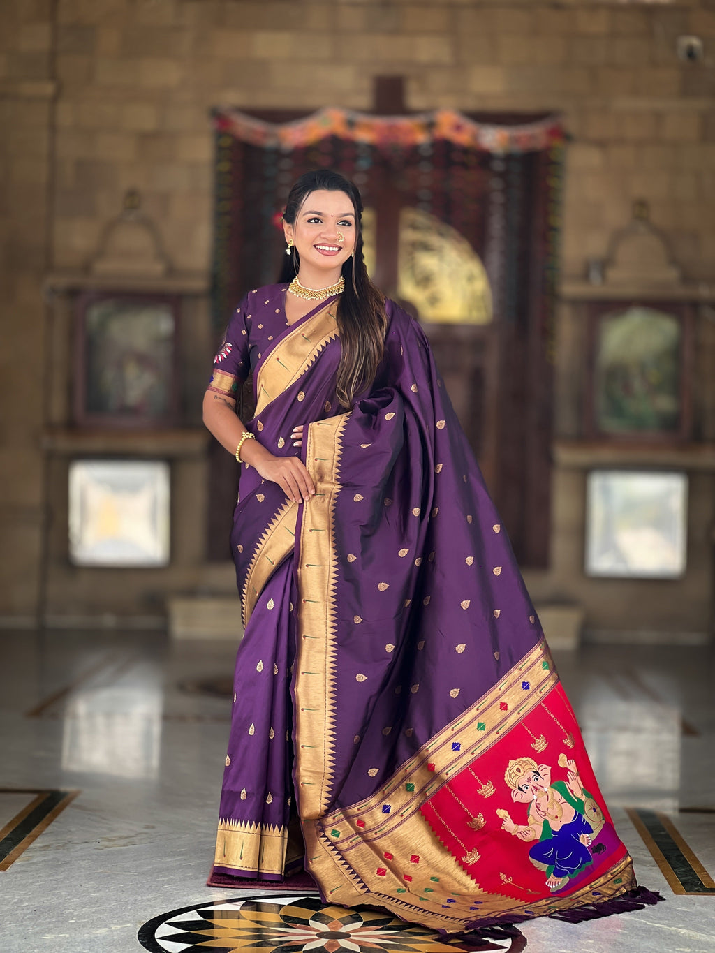 Vedant Vastram Soft Litchi Silk Paithani Jacquard Saree - Wine