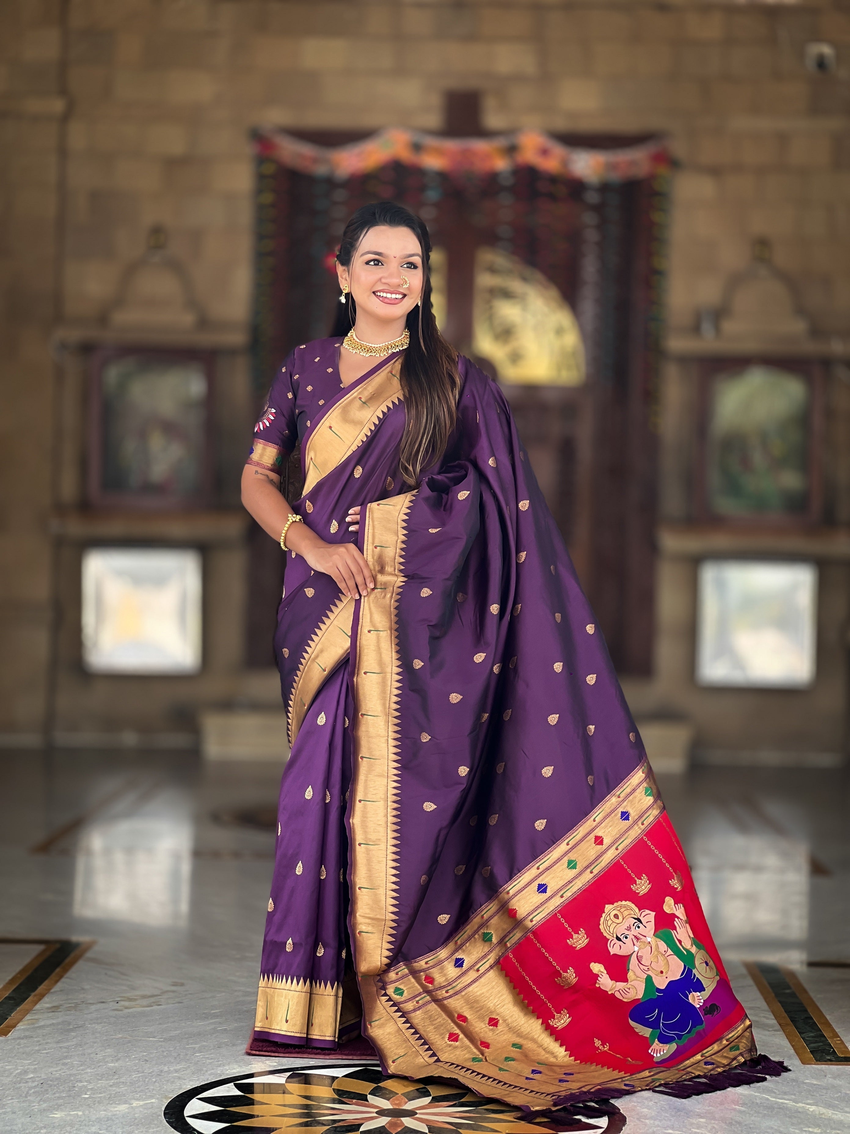 Vedant Vastram Soft Litchi Silk Paithani Jacquard Saree - Wine