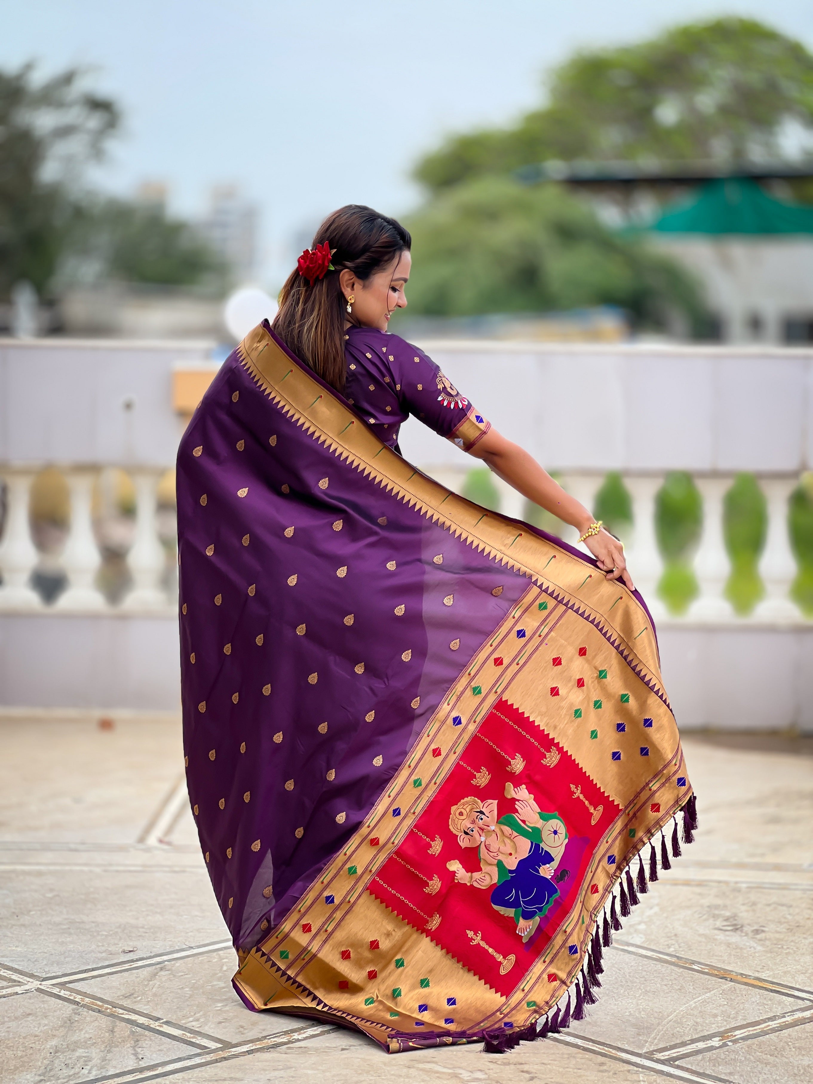 Vedant Vastram Soft Litchi Silk Paithani Jacquard Saree - Wine