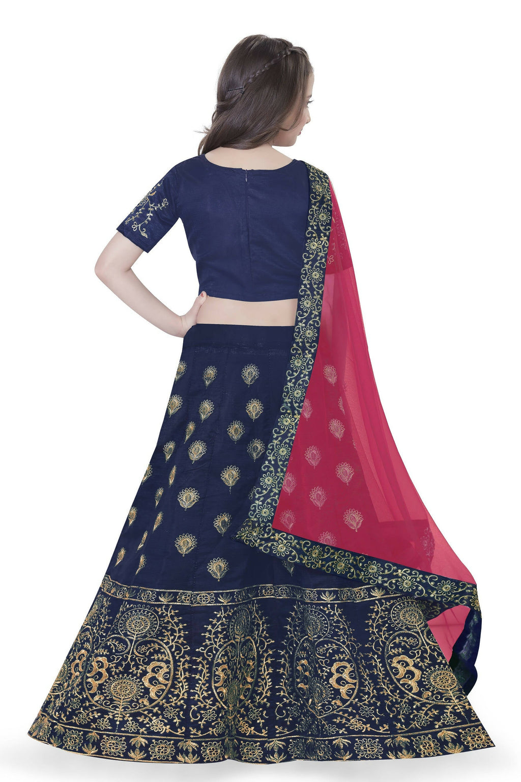 Dwiden Navy Blue Gulab Tafetta Sattin Semi-Stitched Girl's Lehenga Choli