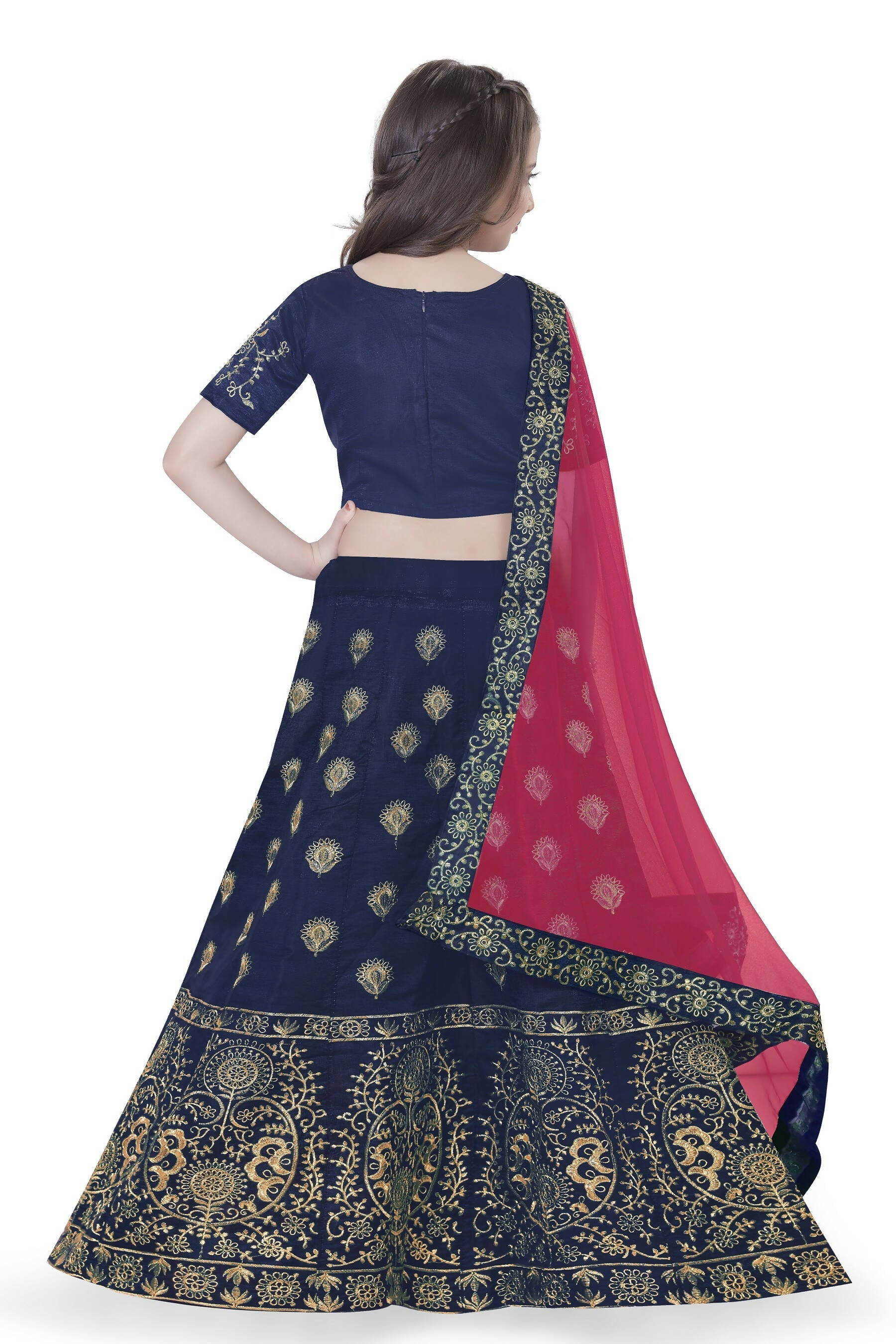 Dwiden Navy Blue Gulab Tafetta Sattin Semi-Stitched Girl's Lehenga Choli