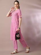 Myshka Women's Pink Printed Cotton Straight Party Kurta Set
