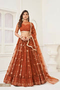 Aastha Fashion Brown Butterfly Net Tone To Tone Thread Work And Mirror Work Embroidery Wedding Wear Lehenga Choli