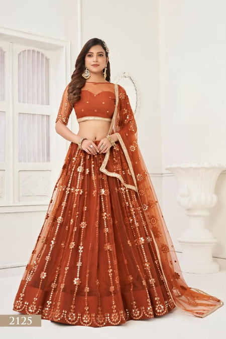 Aastha Fashion Brown Butterfly Net Tone To Tone Thread Work And Mirror Work Embroidery Wedding Wear Lehenga Choli