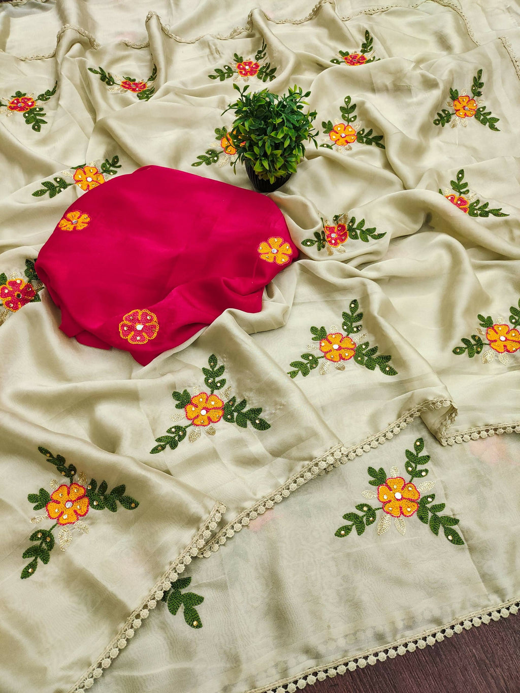 Teeya Creation Cream Rangoli Silk Embroidery Work Party Wear Designer Saree - Distacart