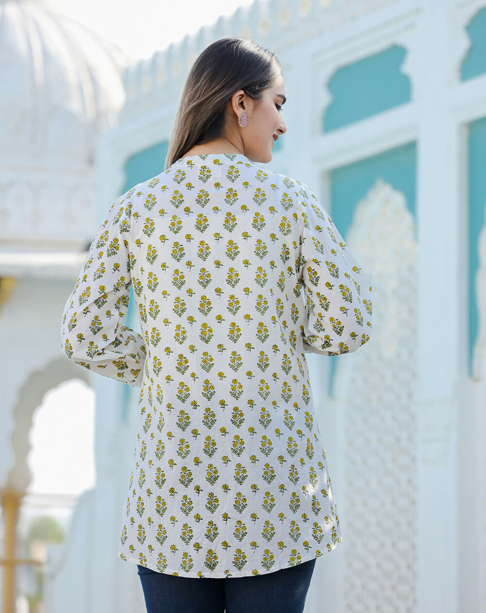 Kaajh Women's Yellow-White Floral Hand Block Printed Cotton Top